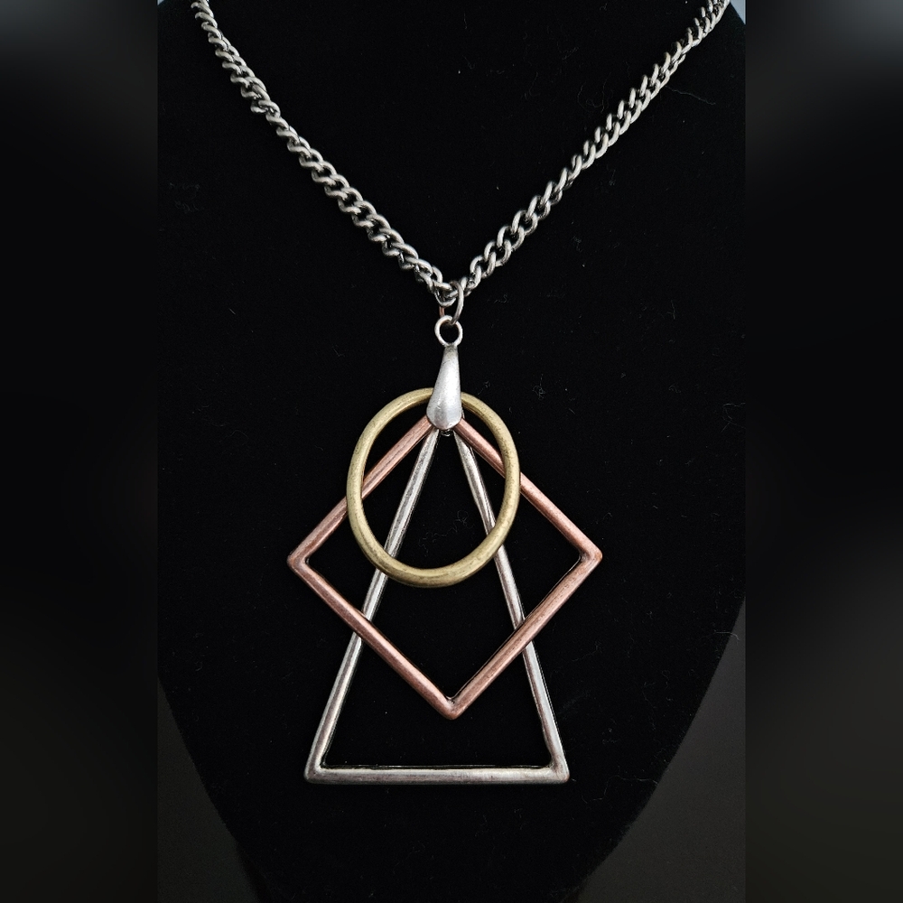 Geometric Shapes Necklace with Silver/Gold and Copper Accents